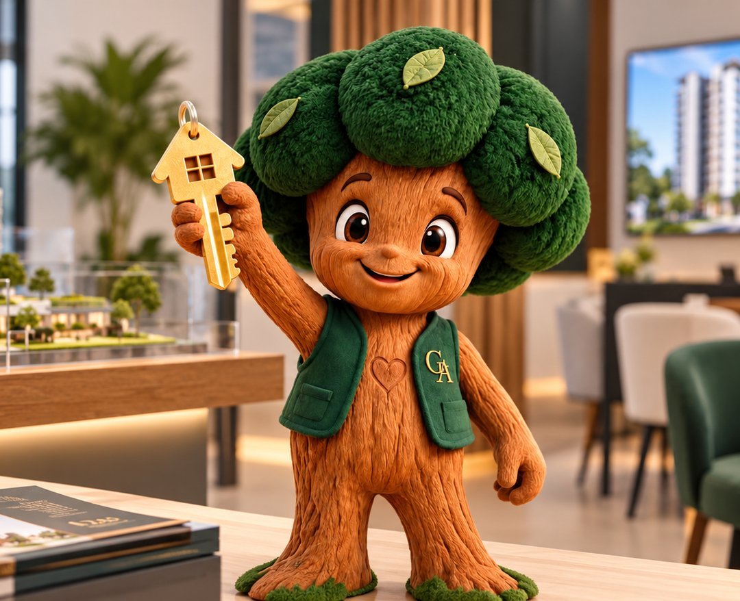 Cedrinho, mascote do Guilherme Azevedo, segurando uma chave dourada em formato de casa