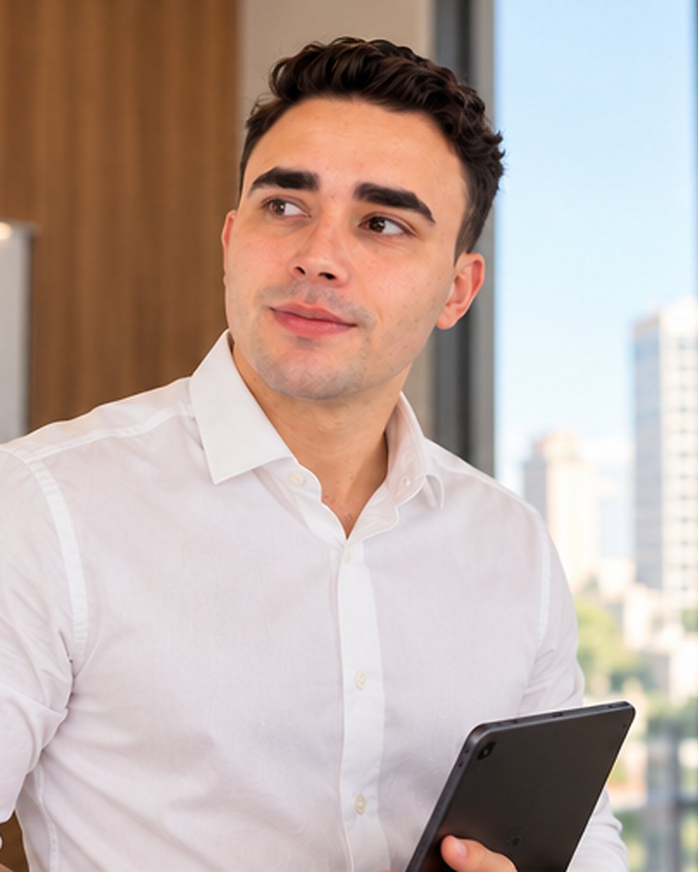 Guilherme Azevedo de camisa branca, segurando um tablet, em um escritório com vista para a cidade