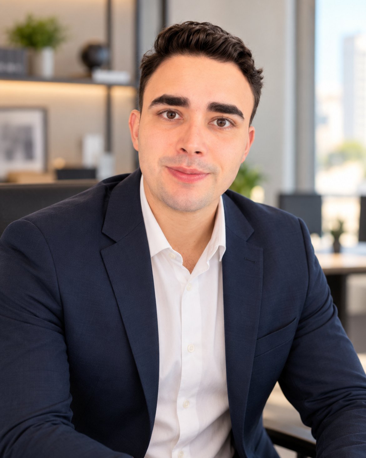 Guilherme Azevedo, consultor imobiliário, de blazer azul-marinho em um escritório